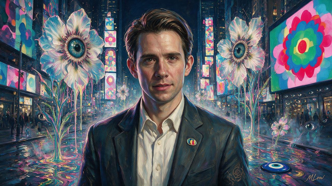 Rafael Rozendaal, portrait painted by MLow: Every Billboard, One Colour