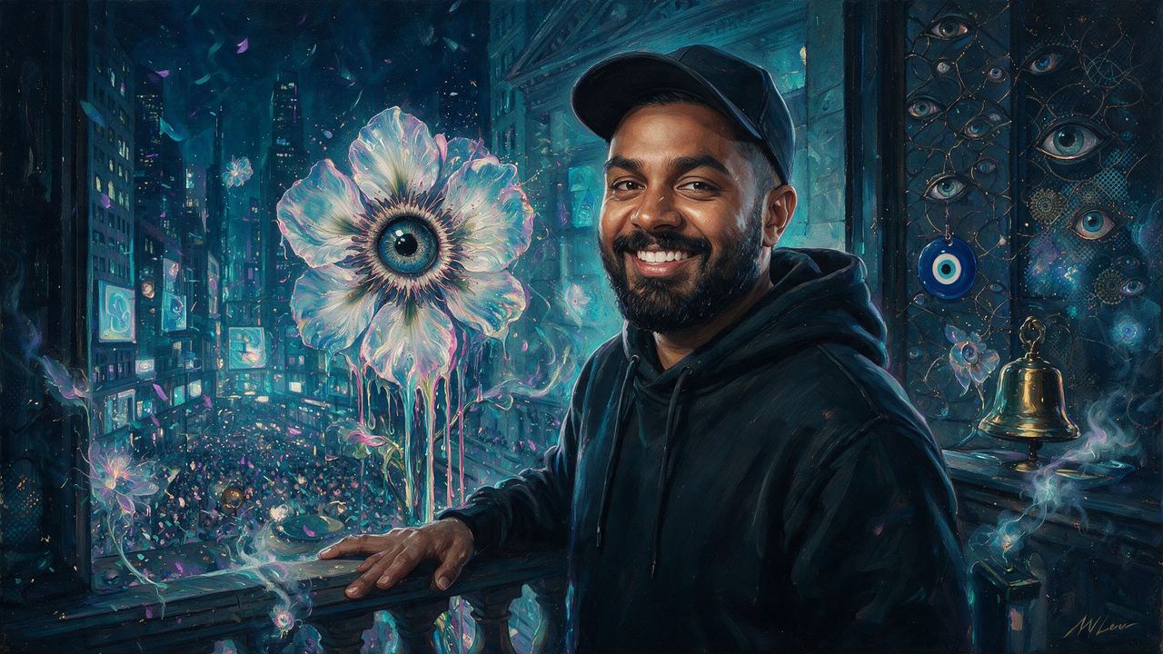 Raj Gokal, portrait painted by MLow: Closing Bell, Big Grin