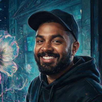 Raj Gokal, portrait painted by MLow: Closing Bell, Big Grin
