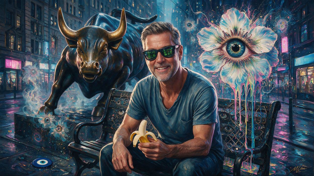 Raoul Pal, portrait painted by MLow: Banana at the Charging Bull