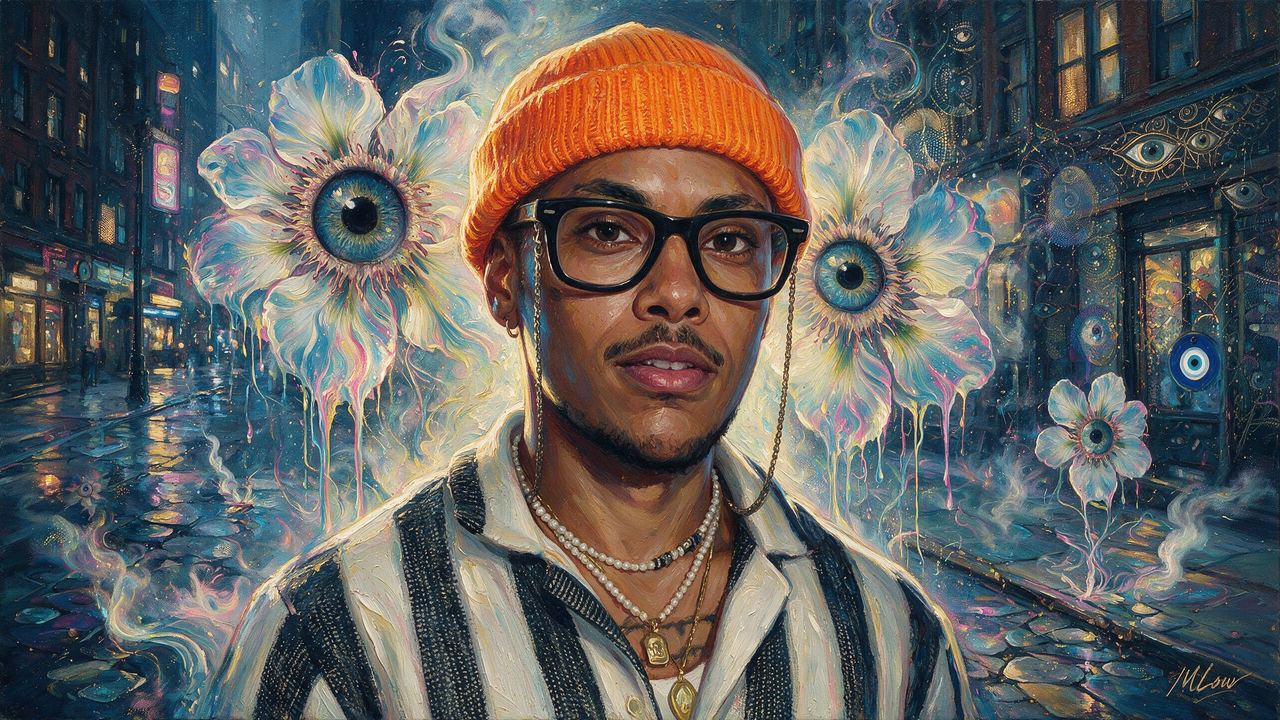 Raven Trammell, portrait painted by MLow: Orange Beanie, Wet Street