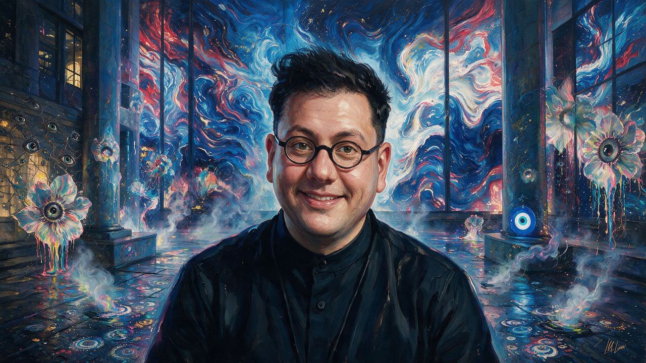 Refik Anadol, portrait painted by MLow: Wall of Swirling Data