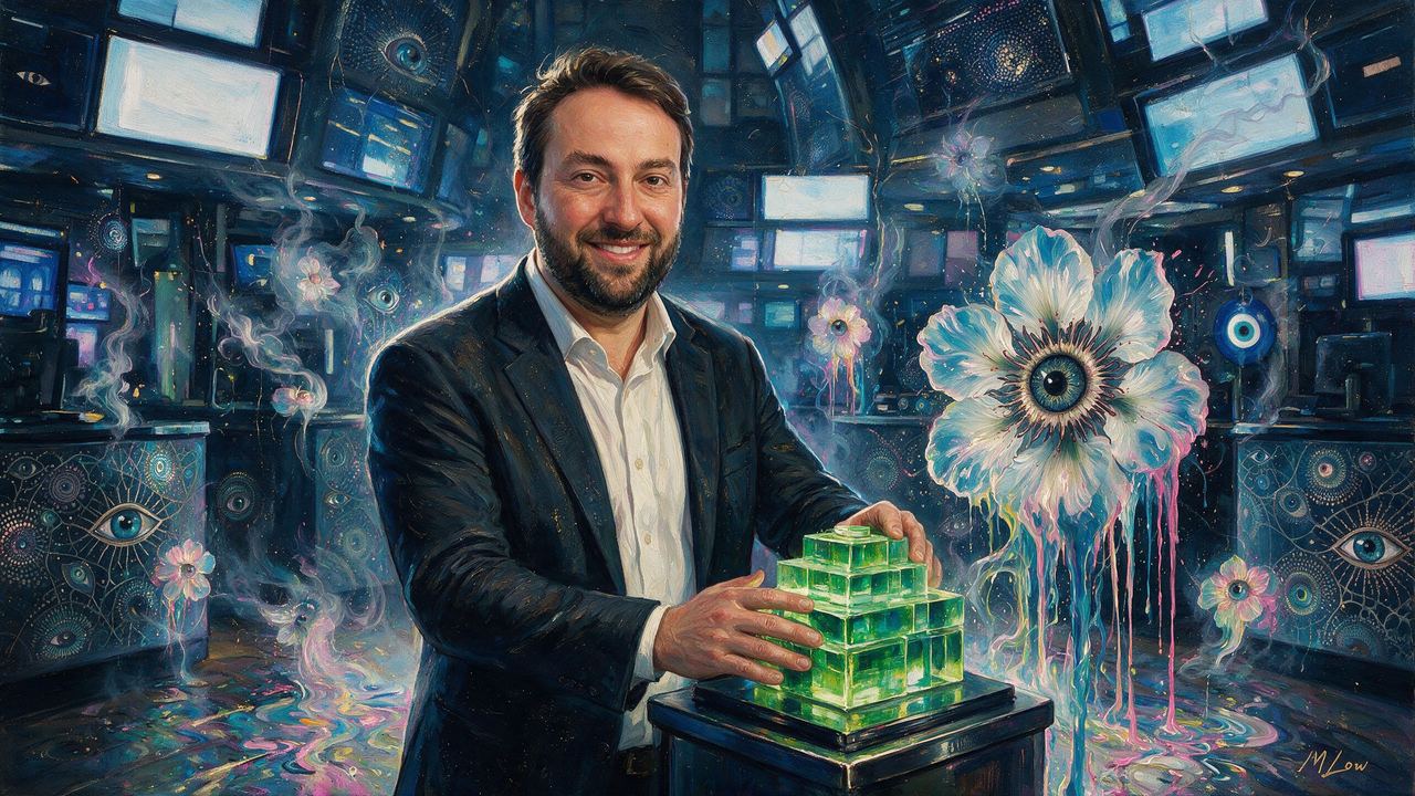 Robert Leshner, portrait painted by MLow: Green Blocks at the Opening Bell