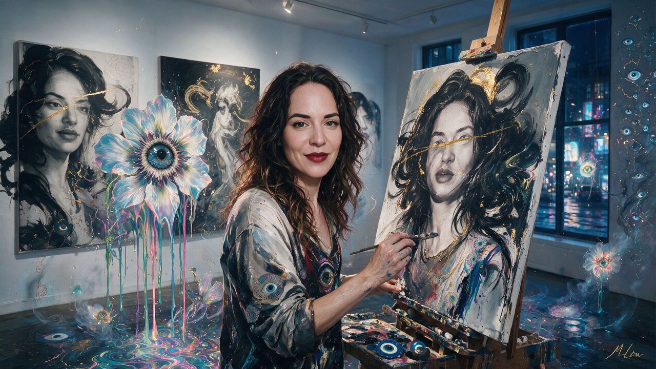 Rocketgirl, portrait painted by MLow: Gold Across Their Eyes