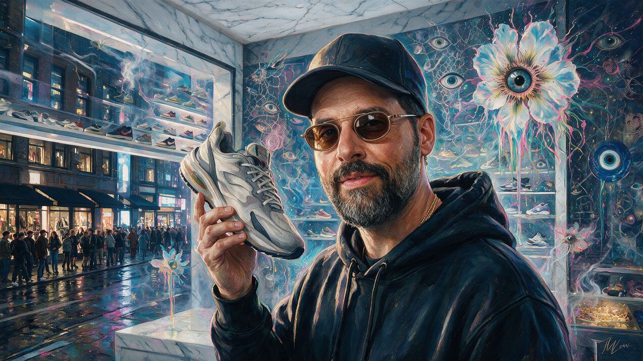 Ronnie Fieg, portrait painted by MLow: The Wall of Sneakers