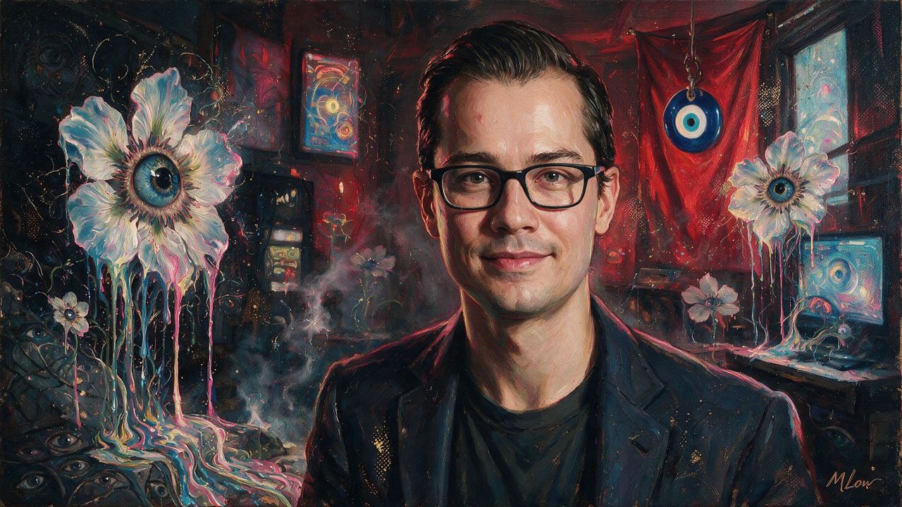 Ryan Sean Adams, portrait painted by MLow: Red Cloth, Arcade Glow
