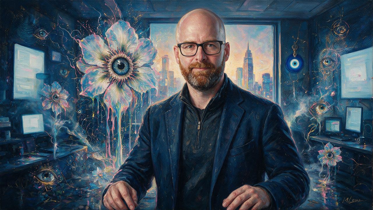Ryan Selkis, portrait painted by MLow: Sunrise Over the Charts