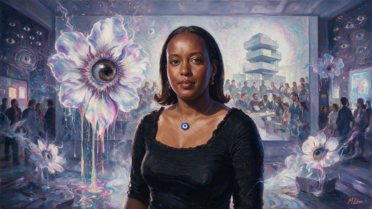 Salome Asega, portrait painted by MLow: Crowd in the Lobby