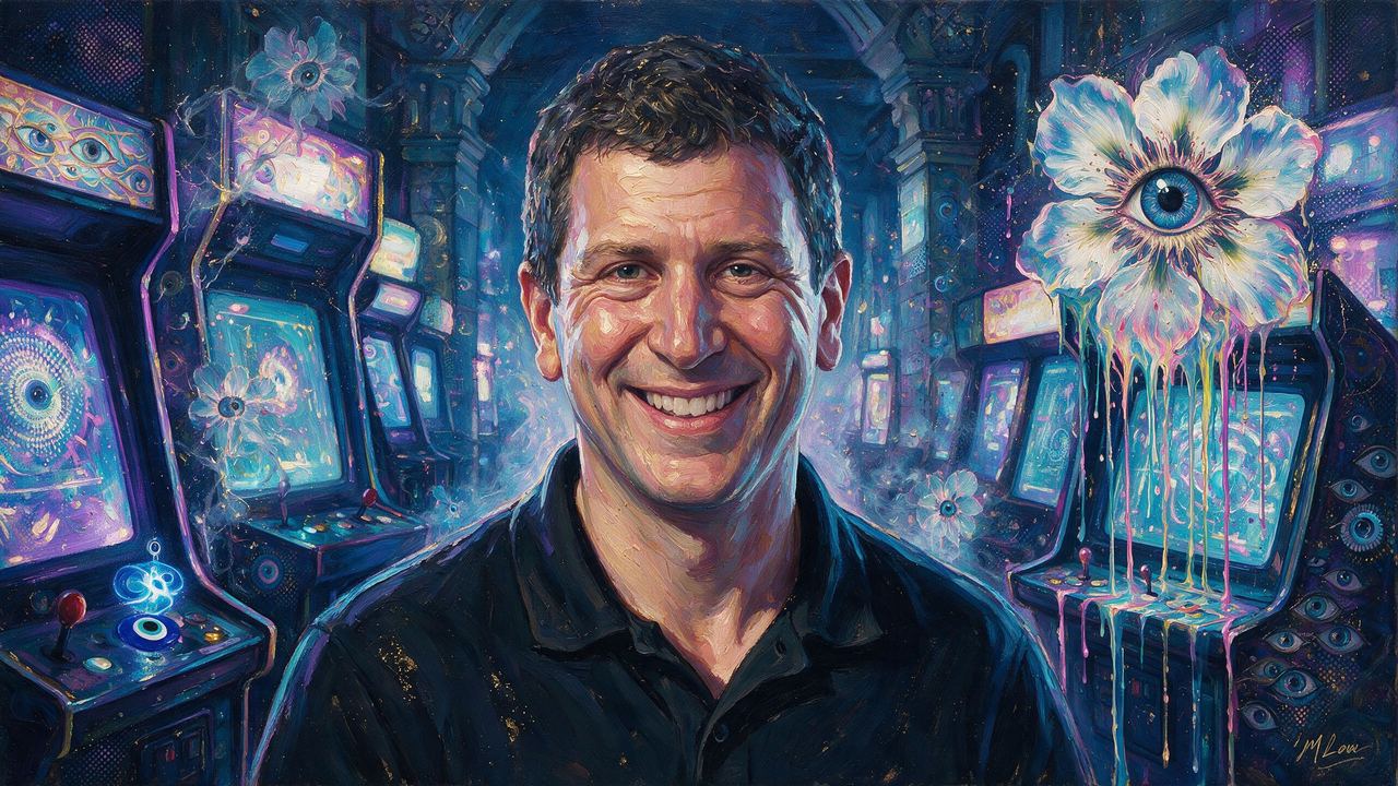 Sam Englebardt, portrait painted by MLow: Arcade of Glowing Art