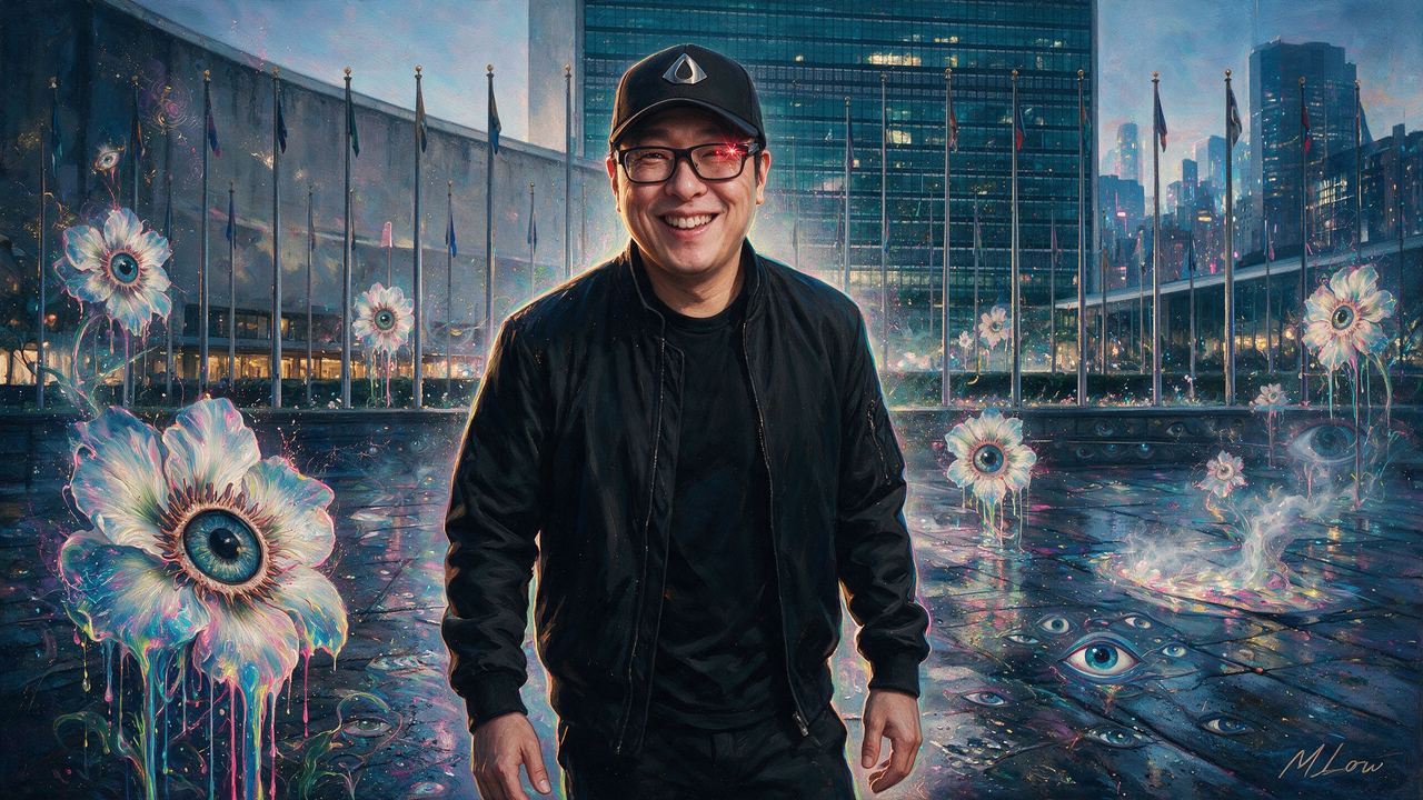 Samson Mow, portrait painted by MLow: Walking the UN Plaza