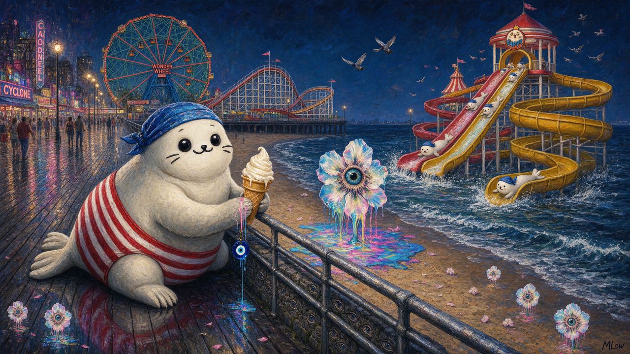 Sappy Seals, portrait by MLow: Slides at Coney Island
