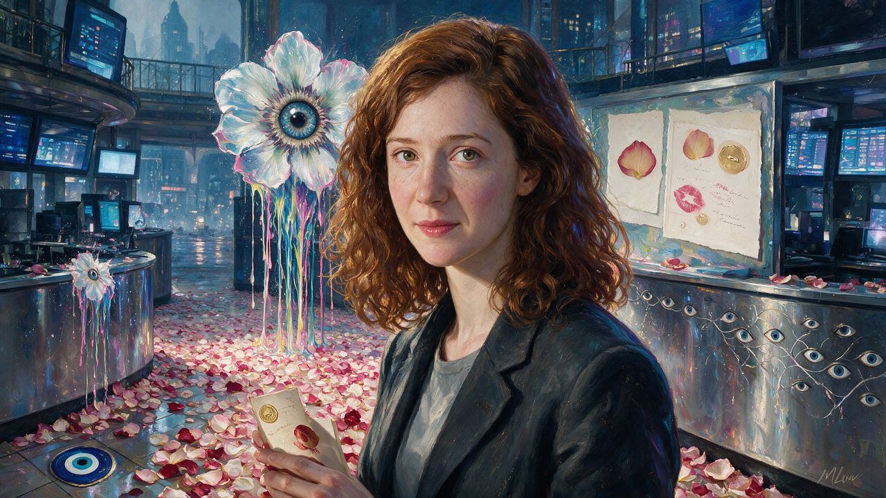 Sarah Meyohas, portrait painted by MLow: Petals on the Trading Floor