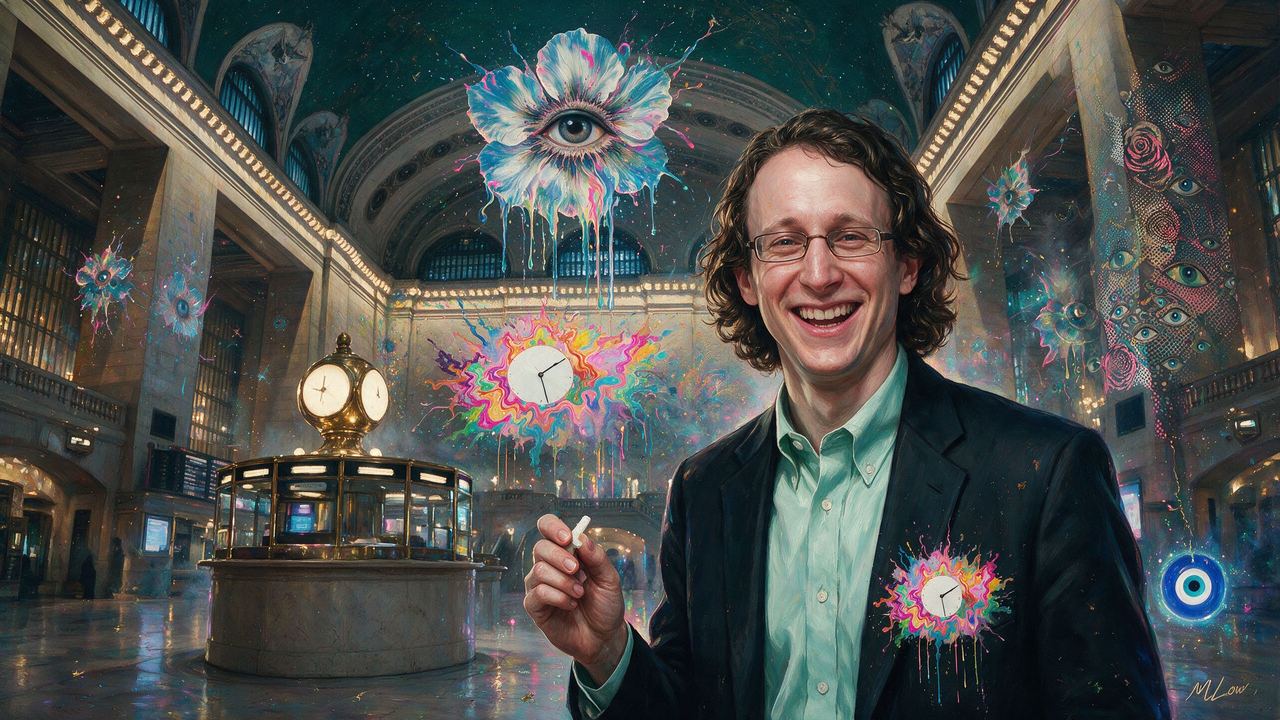 Scott Kominers, portrait painted by MLow: Right Twice a Day at Grand Central