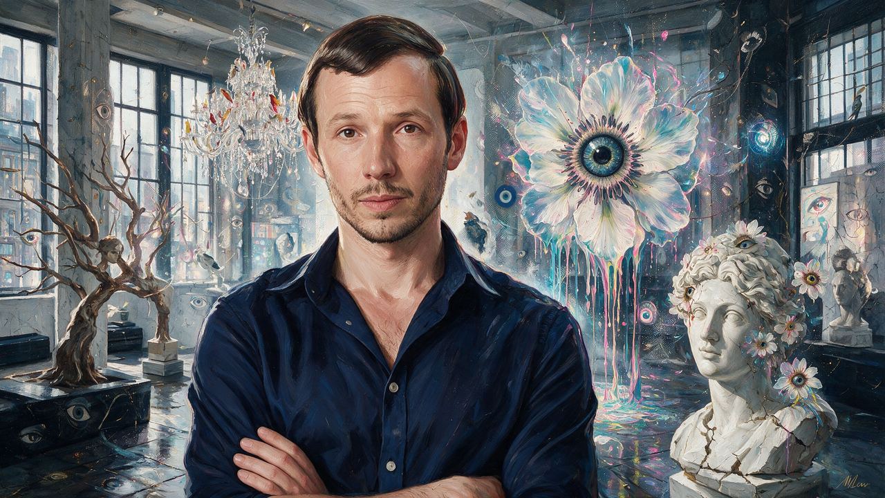 Sebastian Errazuriz, portrait painted by MLow: Cracked Bust, Bare Tree