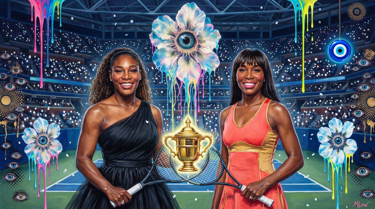 Serena and Venus Williams, portrait painted by MLow: Sisters Under the Lights