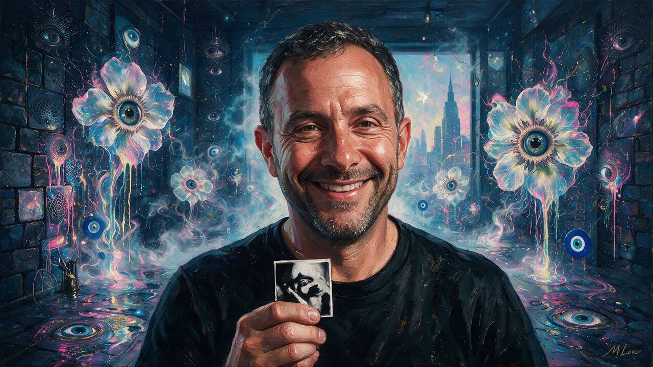 Seth Goldstein, portrait painted by MLow: Small Card, Big Grin
