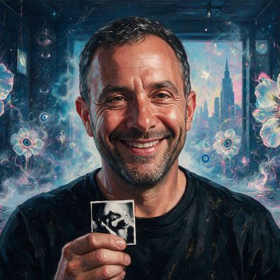 Seth Goldstein, portrait painted by MLow: Small Card, Big Grin