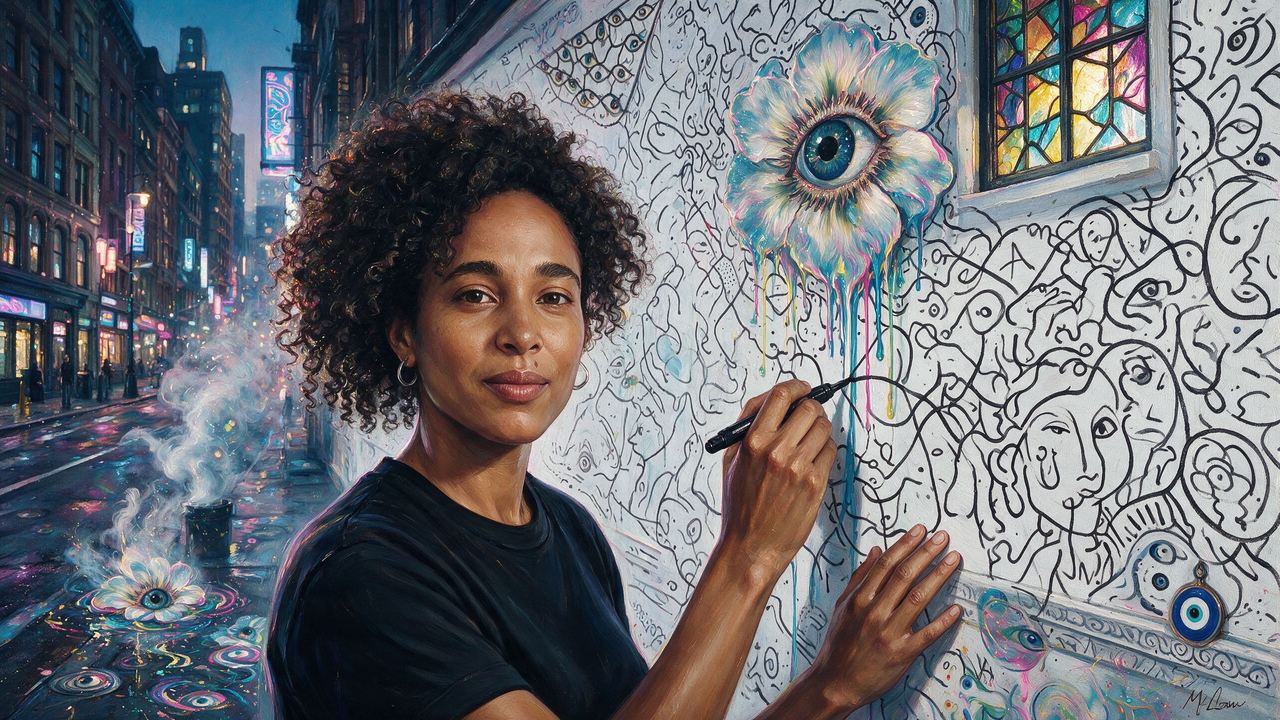 Shantell Martin, portrait painted by MLow: One Line on the Bowery