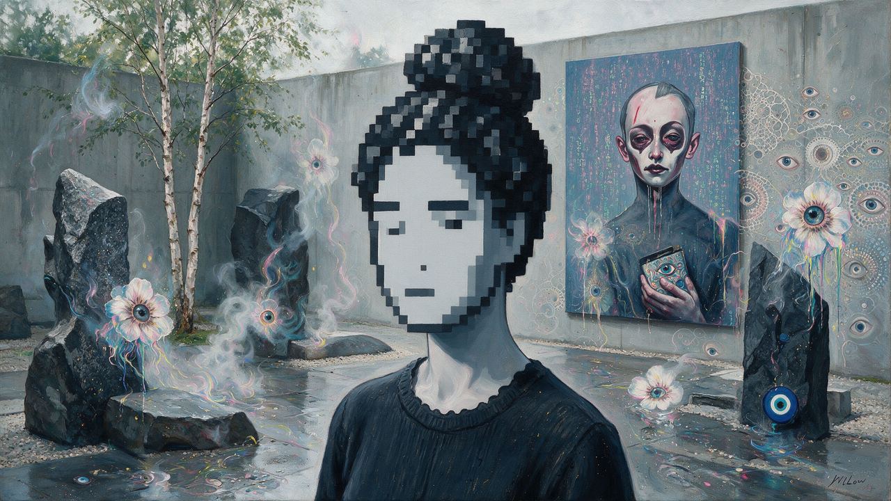 shills81.eth, portrait painted by MLow: Topknot in the Noguchi Garden