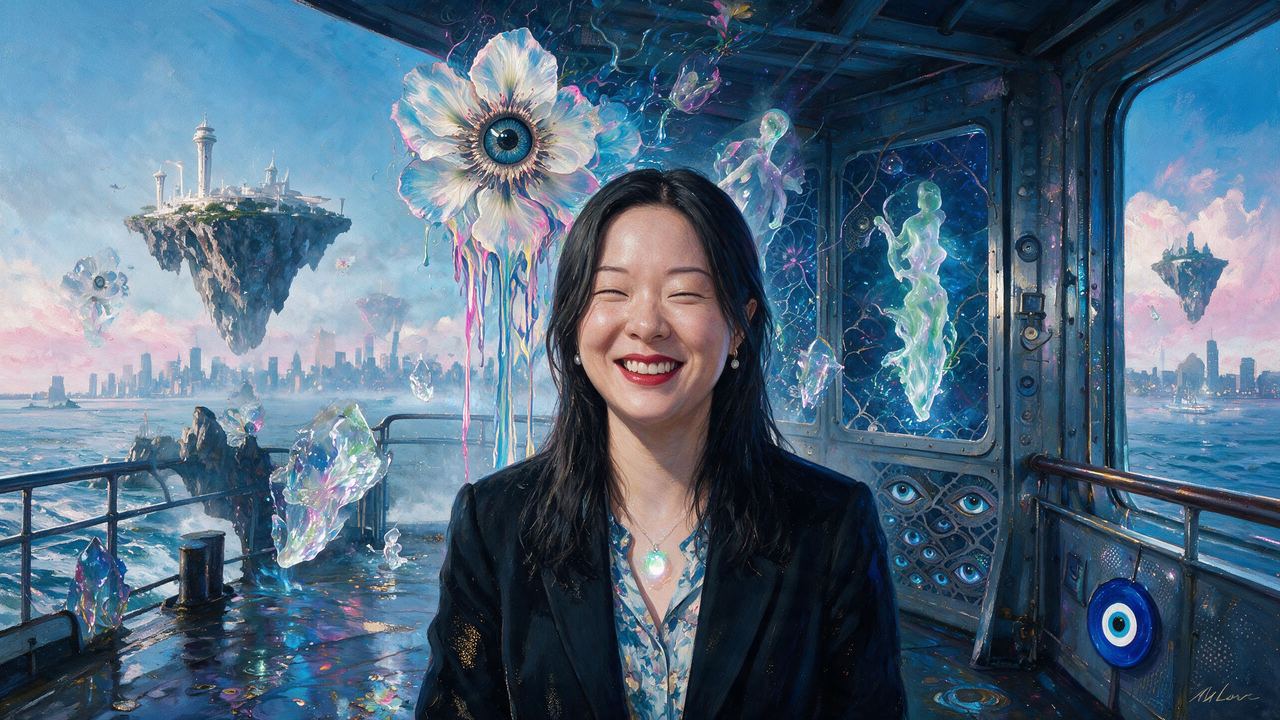 Snow Yunxue Fu, portrait painted by MLow: Floating Islands, Ferry Deck