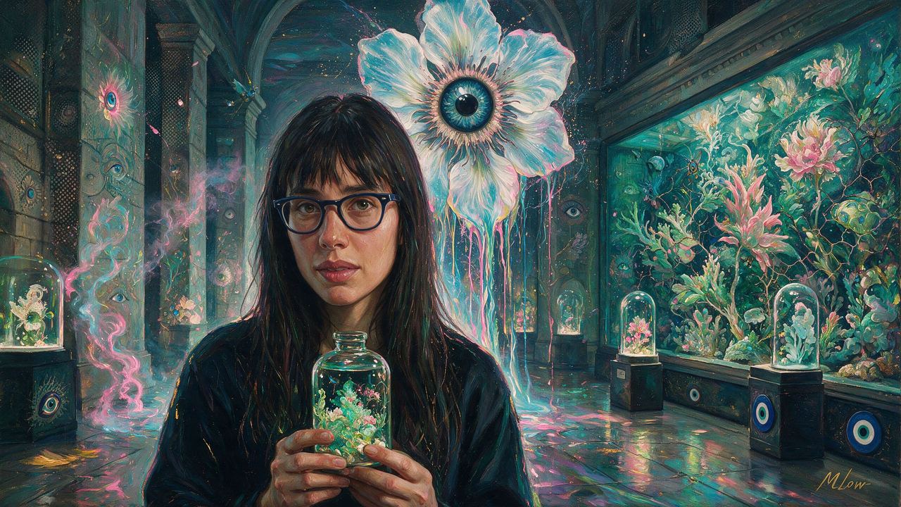 Sofia Crespo, portrait painted by MLow: Creature in a Jar