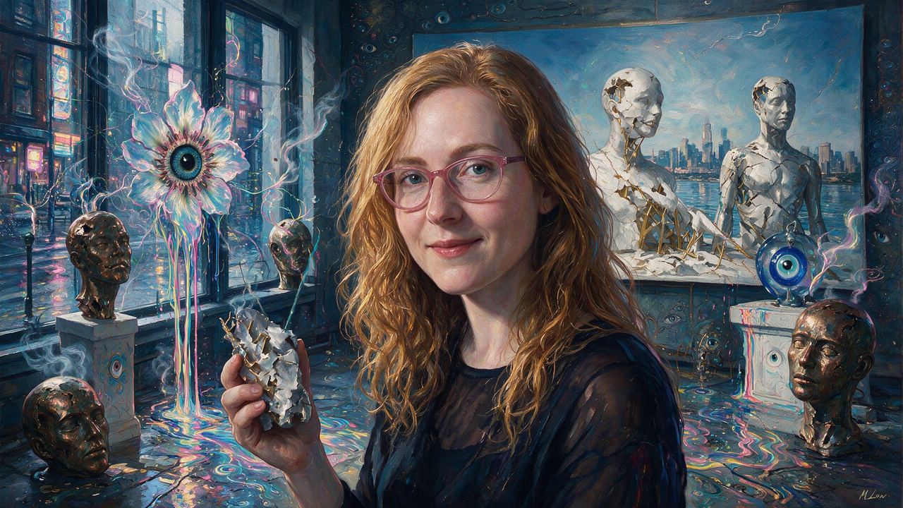 Sophie Kahn, portrait painted by MLow: Fractured Heads