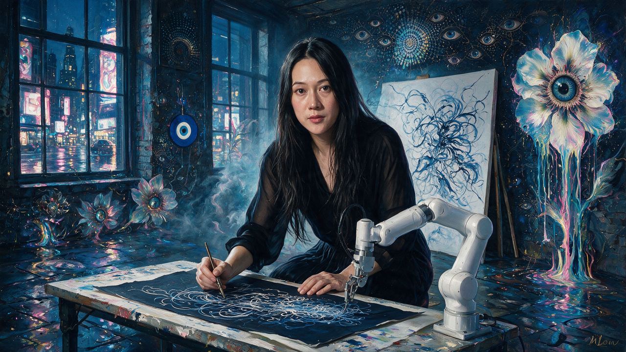 Sougwen Chung, portrait painted by MLow: Two Hands Drawing