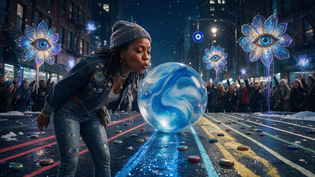 sparkitysparkz, portrait painted by MLow: Blowing on Sparkly at Times Square