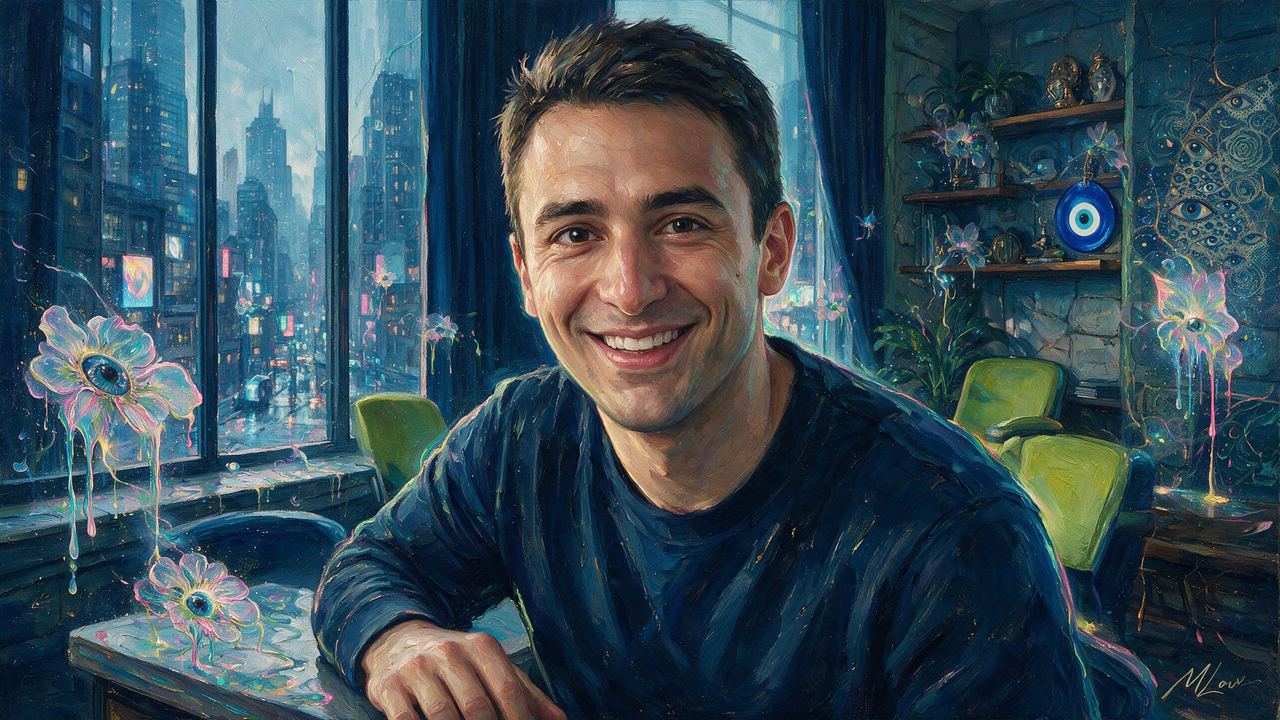 Spencer Noon, portrait painted by MLow: Lime Chairs, Rainy Skyline
