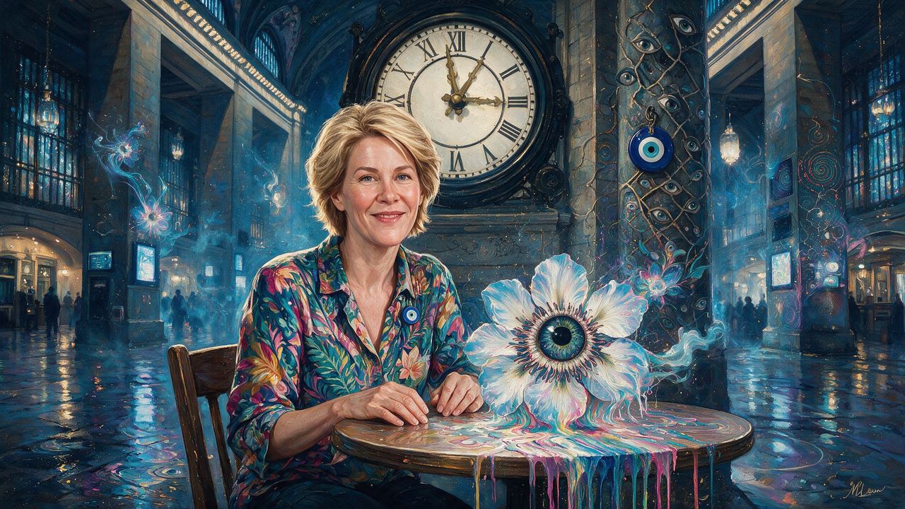 Stacy Herbert, portrait painted by MLow: Under the Clock at Grand Central