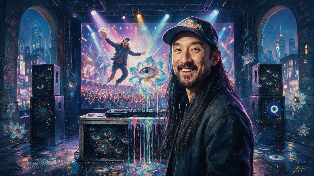 Steve Aoki, portrait painted by MLow: Cake in the Air