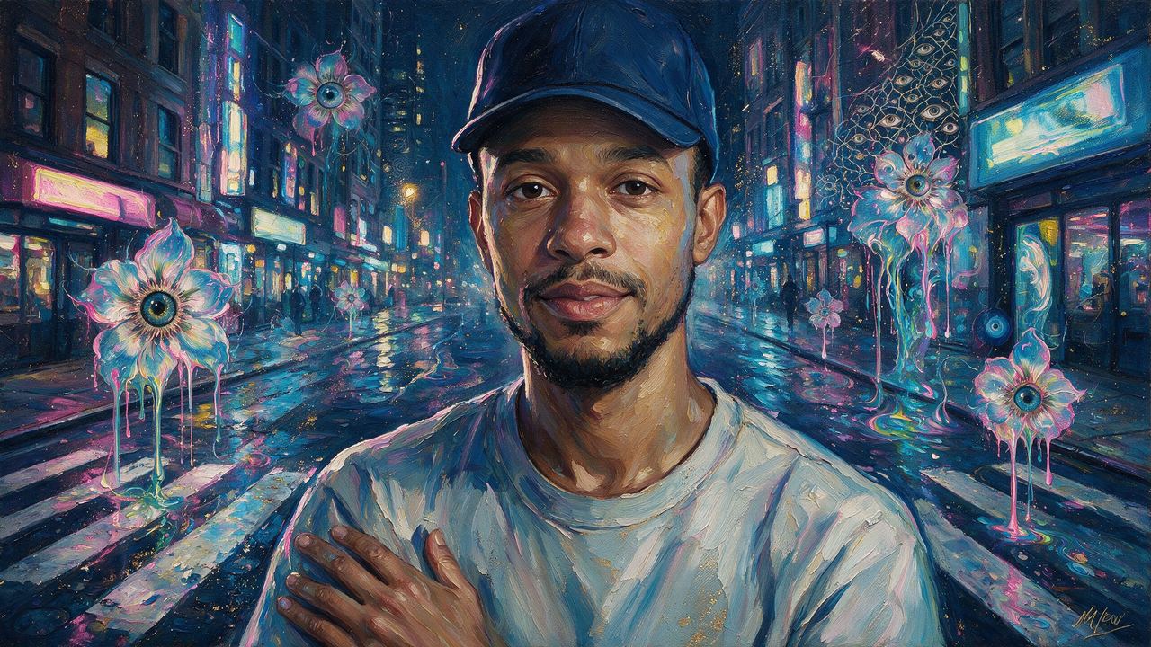 Steve Sweatpants, portrait painted by MLow: Wet Crosswalk at Night