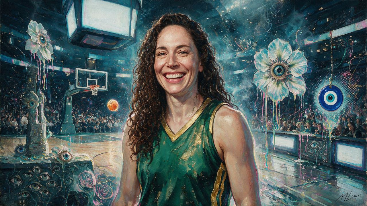 Sue Bird, portrait painted by MLow: Laughing at the Rim