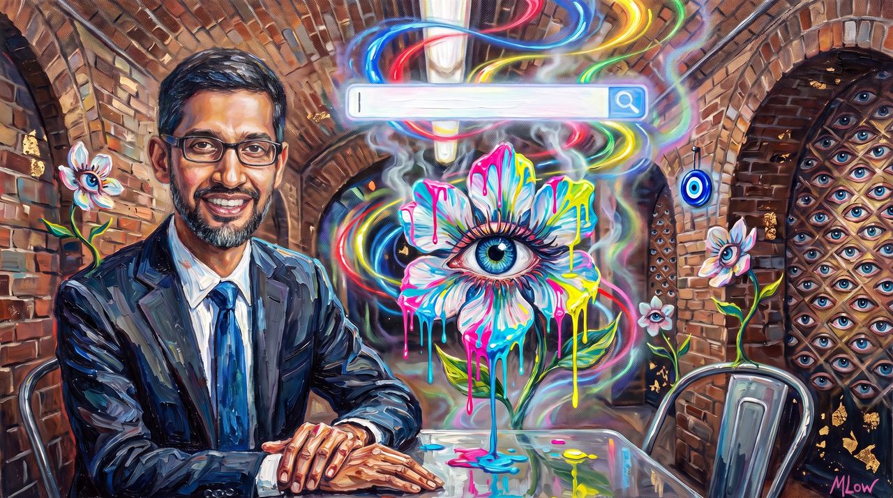 Sundar Pichai, portrait painted by MLow: The Search Bar at Chelsea Market