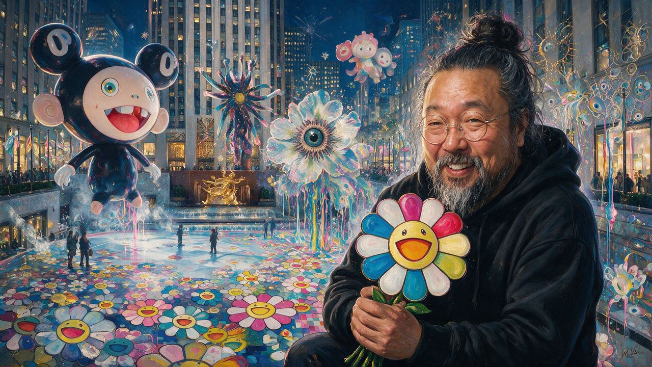 Takashi Murakami, portrait painted by MLow: Flowers at Rockefeller