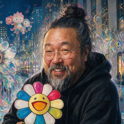 Takashi Murakami, portrait painted by MLow: Flowers at Rockefeller