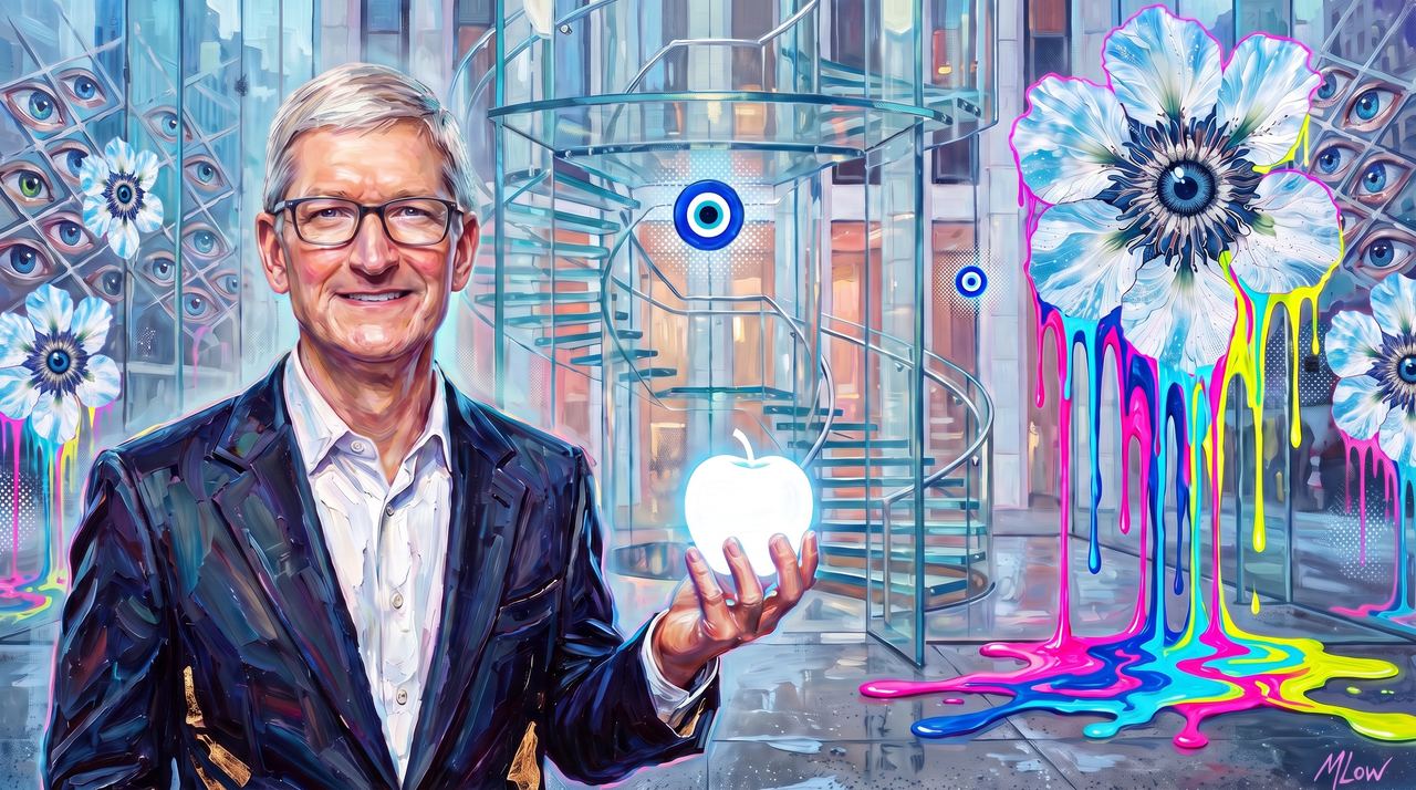 Tim Cook, portrait painted by MLow: One Apple in the Glass Cube