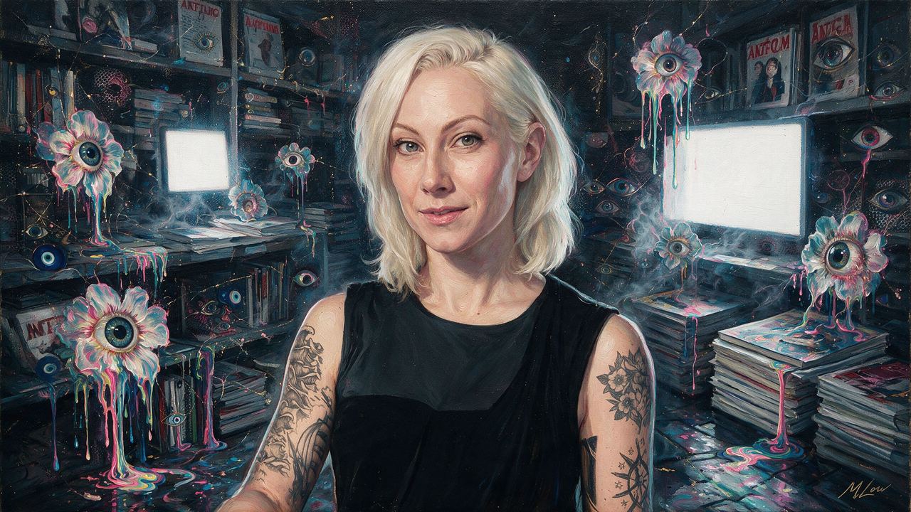Tina Rivers Ryan, portrait painted by MLow: Stacks and One Screen