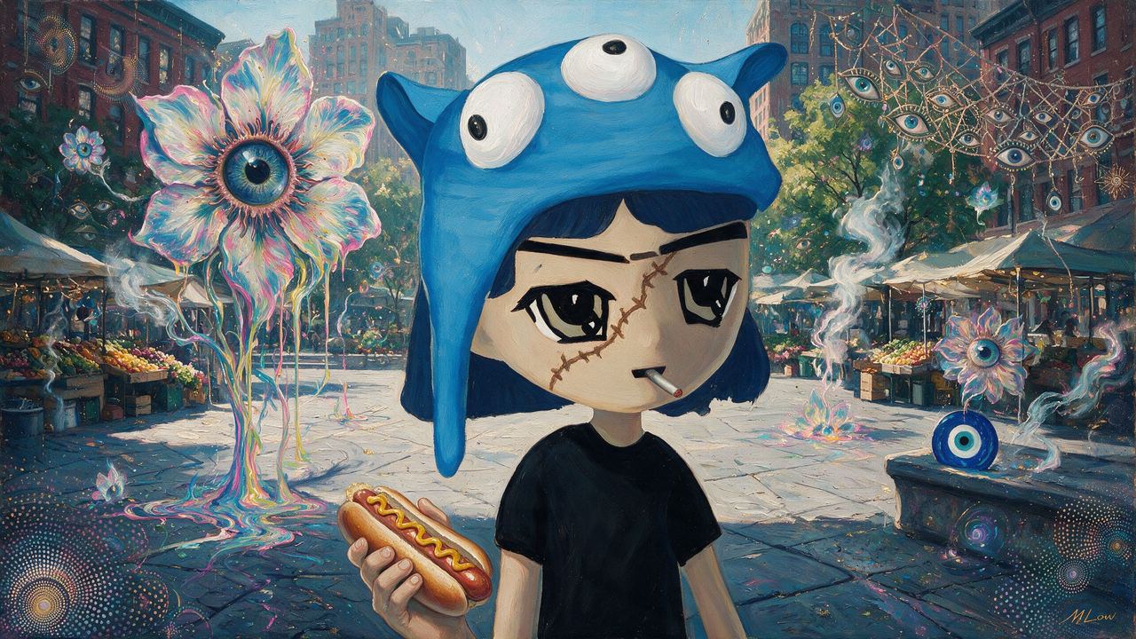 TMH, portrait painted by MLow: Hot Dog at 72nd and Broadway