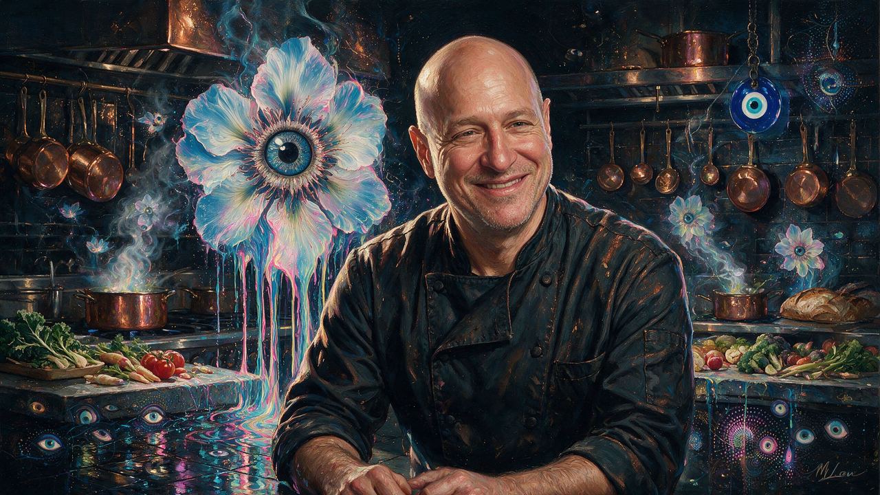 Tom Colicchio, portrait painted by MLow: Copper Pots, Black Coat