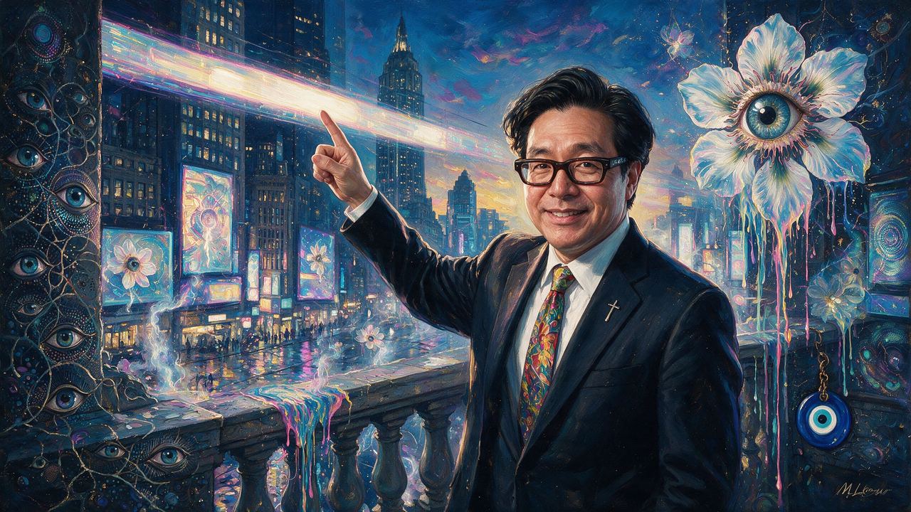 Tom Lee, portrait painted by MLow: Pointing from the Balcony