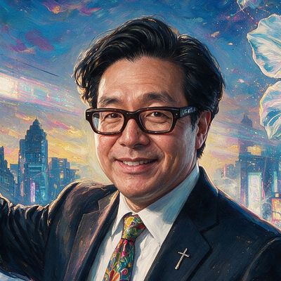 Tom Lee, portrait painted by MLow: Pointing from the Balcony