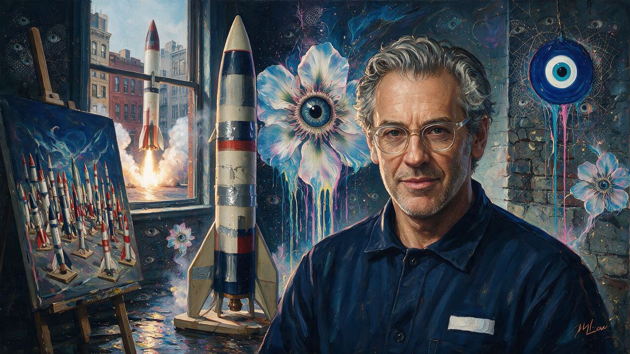 Tom Sachs, portrait painted by MLow: Plywood Rocket, Centre Street