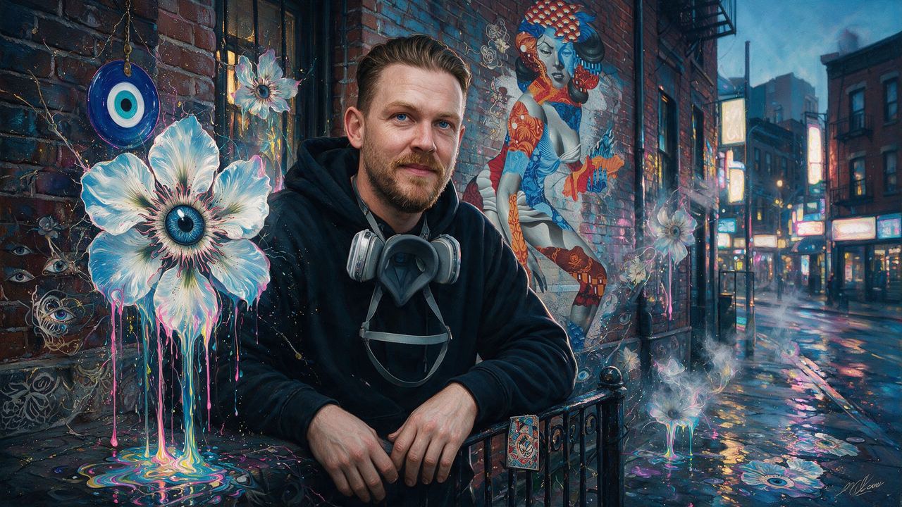 Tristan Eaton, portrait painted by MLow: Respirator on the Rail