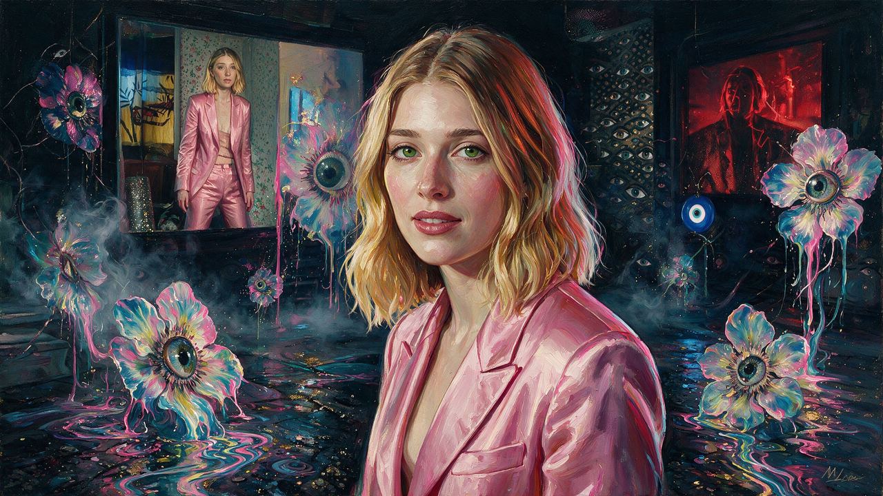 Vérité, portrait painted by MLow: Pink Suit, Dark Room