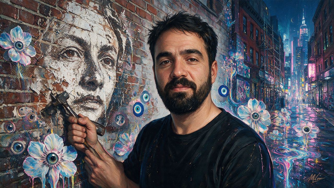Vhils, portrait painted by MLow: Chisel in the Brick