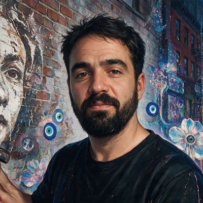 Vhils, portrait painted by MLow: Chisel in the Brick