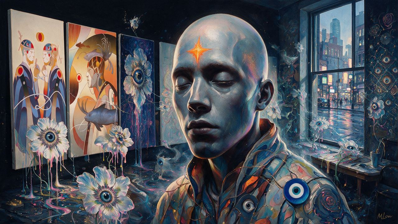 Victor Mosquera, portrait painted by MLow: Eyes Closed, Gallery Open