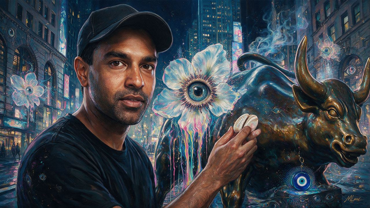 Vijay Boyapati, portrait painted by MLow: Cowrie Shell for the Bull