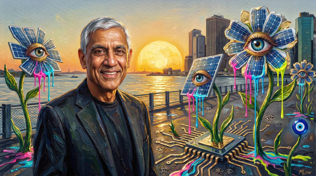 Vinod Khosla, portrait painted by MLow: Sunrise at Pier 6